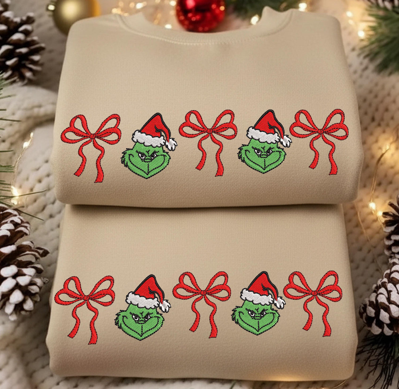 Grinch bow embroidery crew