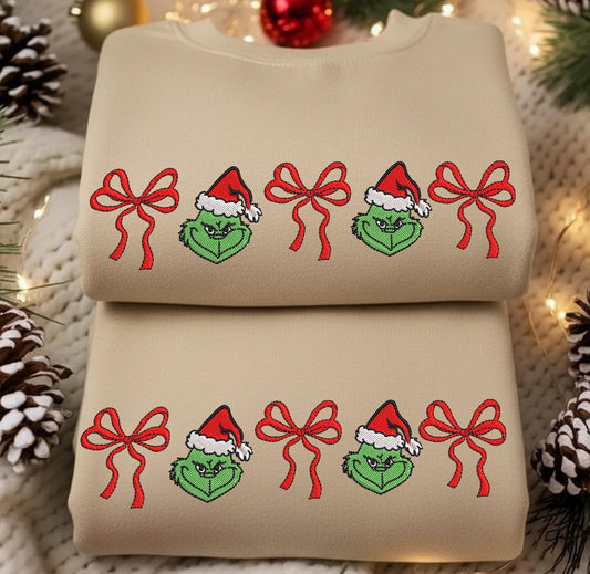 Grinch bow embroidery crew